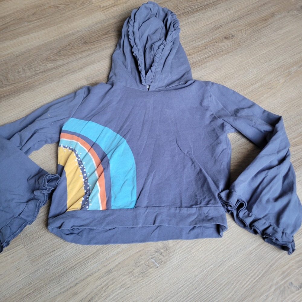 Oopsie Daisy Girls Hoodie 10/12 Blue Cotton Rainbow Boho Ruffle Bell Sleeve
